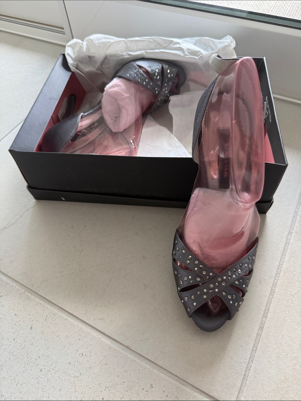Nina Shoes Gray Studded Slingback Peep-Toe Heels